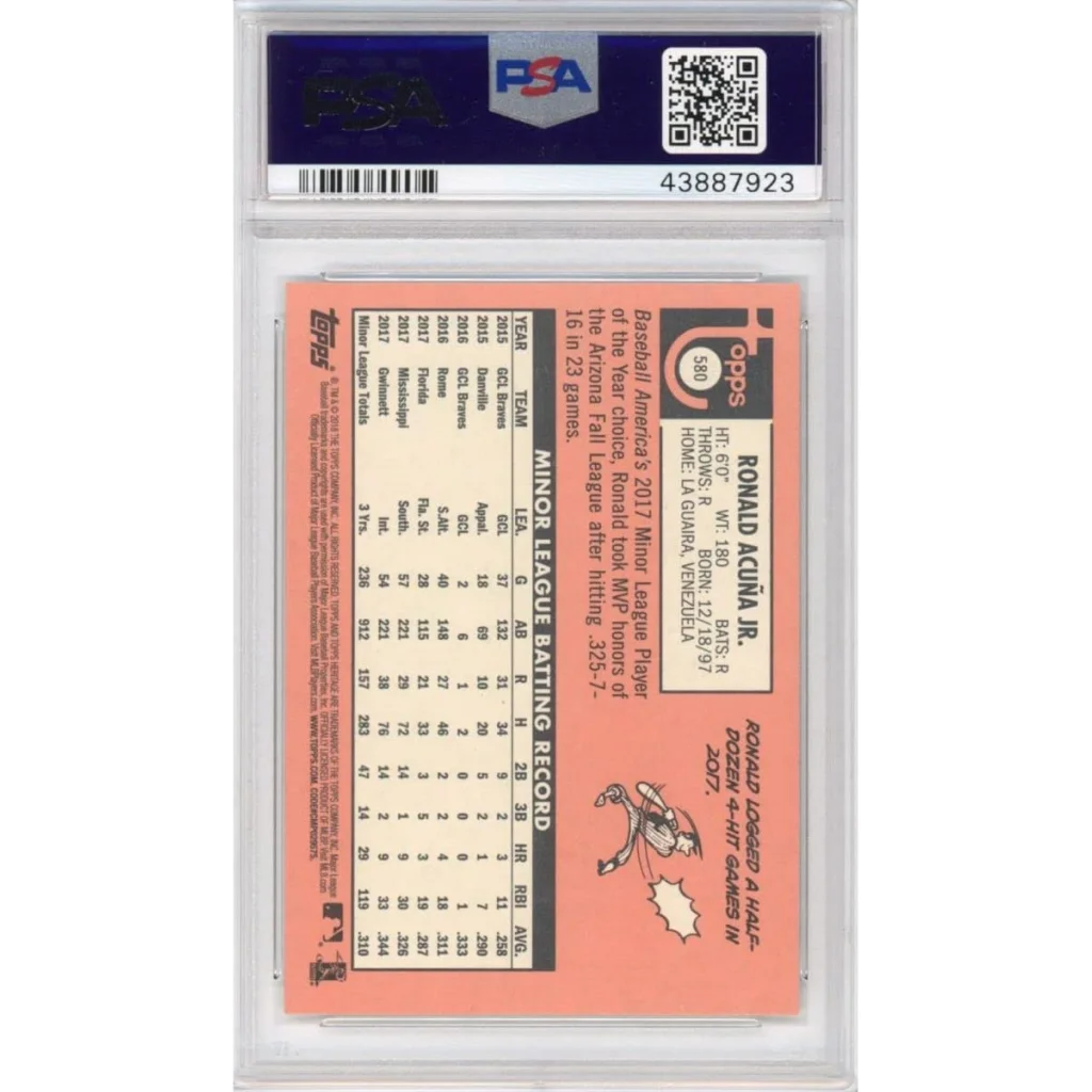 Graded Ronald Acuña Jr. 2018 Topps Heritage rookie baseball card in PSA case