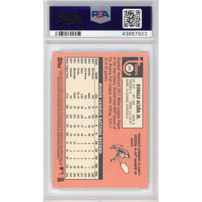 Graded Ronald Acuña Jr. 2018 Topps Heritage rookie baseball card in PSA case
