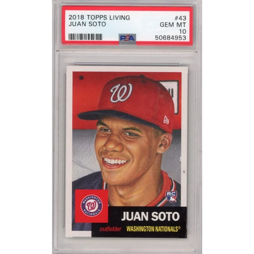Graded 2018 Topps Living Juan Soto PSA baseball card in a protective case