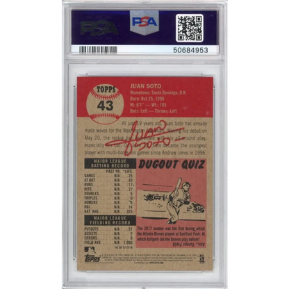 Encapsulated 2018 Topps Living Juan Soto baseball trading card in PSA holder