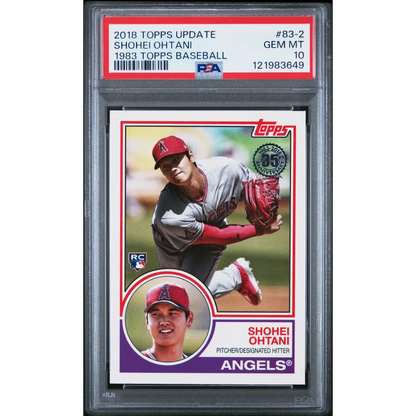 Graded 2018 Topps Shohei Ohtani #83-2 1983 rookie baseball card featuring Ohtani in gray Angels uniform PSA 10 Gem Mint