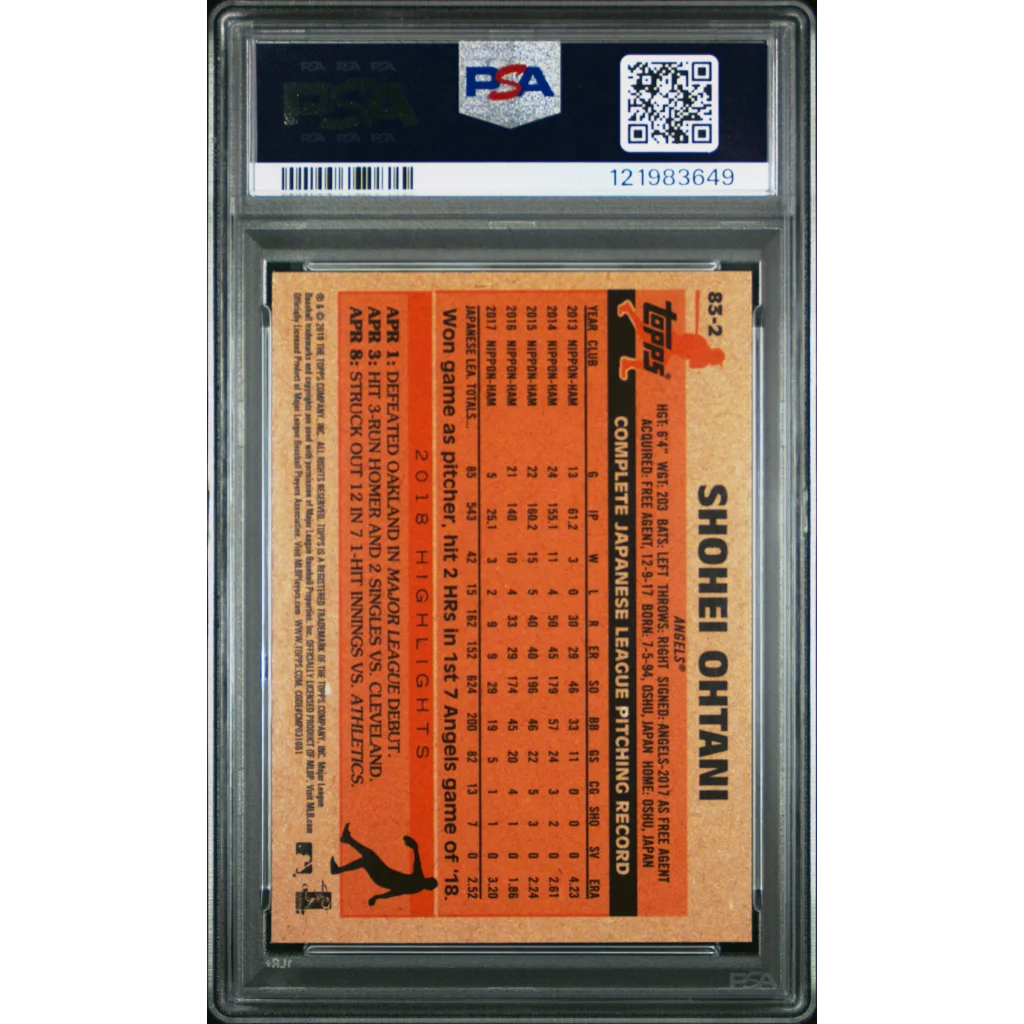 Graded 2018 Topps Shohei Ohtani #83-2 rookie baseball card in psa 10 gem mint slab with visible serial number