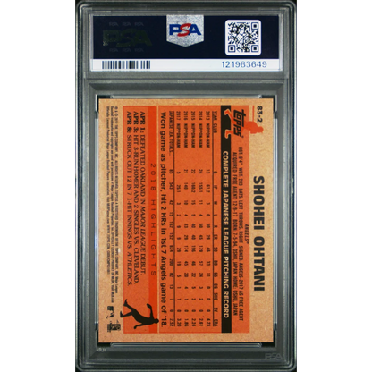 Graded 2018 Topps Shohei Ohtani #83-2 rookie baseball card in psa 10 gem mint slab with visible serial number
