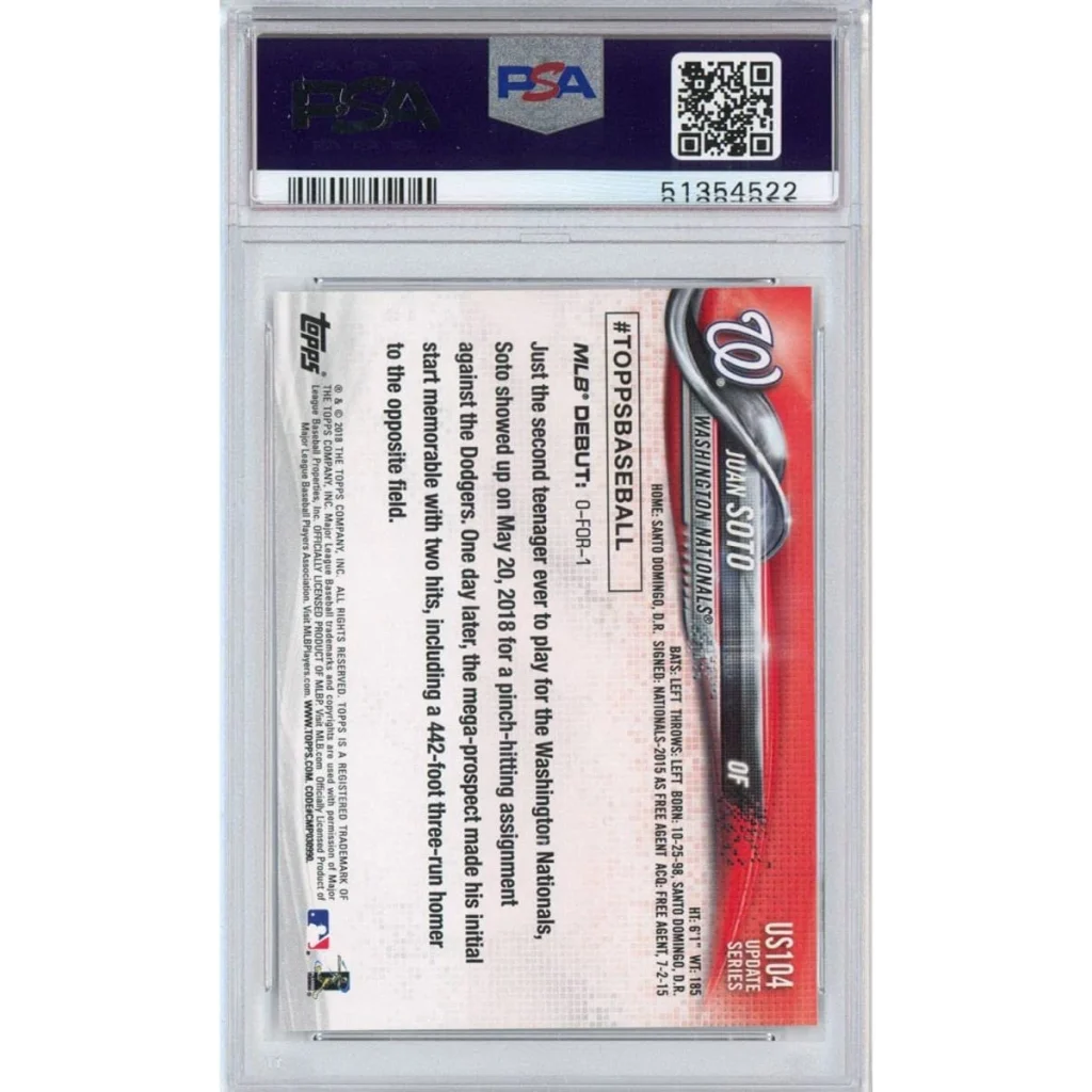 PSA Graded 2018 Topps Update Juan Soto Rookie Card showing MLB debut details