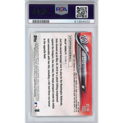 PSA Graded 2018 Topps Update Juan Soto Rookie Card showing MLB debut details
