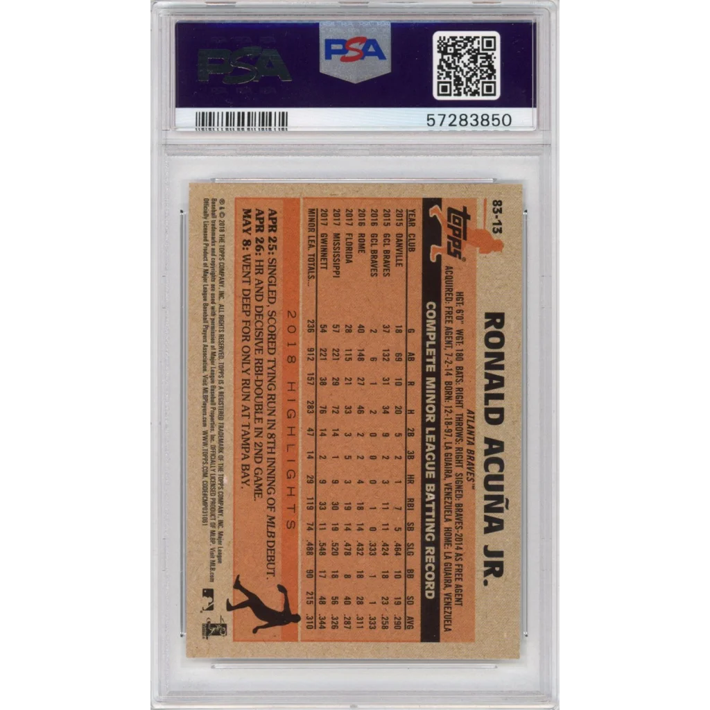 Ronald Acuña Jr. 2018 Topps Update rookie baseball card in PSA slab