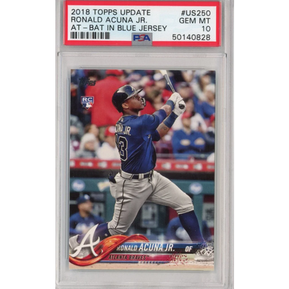 Graded 2018 Topps Update Ronald Acuna Jr. #US250 At-Bat In Blue Jersey Rookie RC Baseball Card PSA 10 Gem Mint | Hall of Fame Sports Memorabilia | vintageantiquesgifts.com