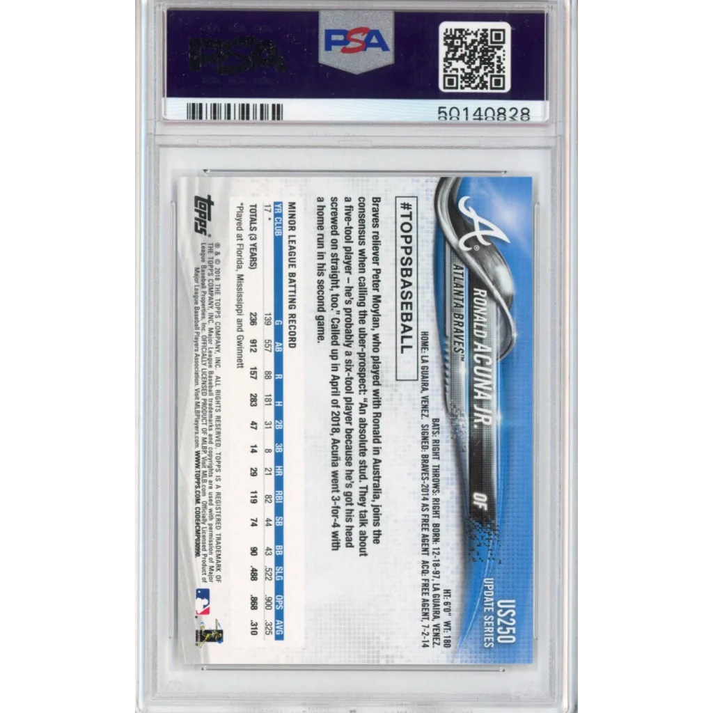 Graded 2018 Topps Update Ronald Acuna Jr. #US250 At-Bat In Blue Jersey Rookie RC Baseball Card PSA 10 Gem Mint | PSA 10 Gem Mint Graded Rookie Card | vintageantiquesgifts.com