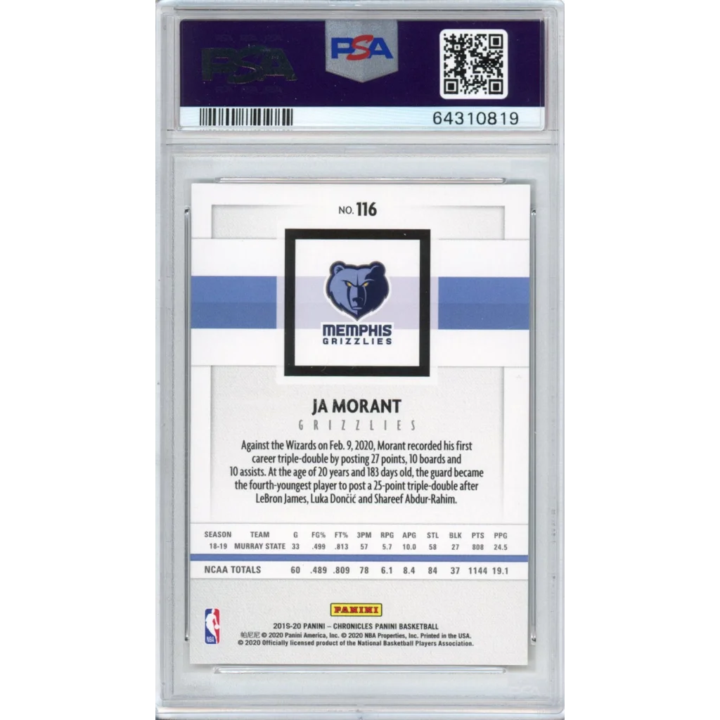 A graded Ja Morant 2019 Panini Chronicles Rookie Card in PSA casing