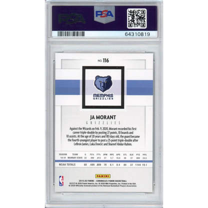 A graded Ja Morant 2019 Panini Chronicles Rookie Card in PSA casing