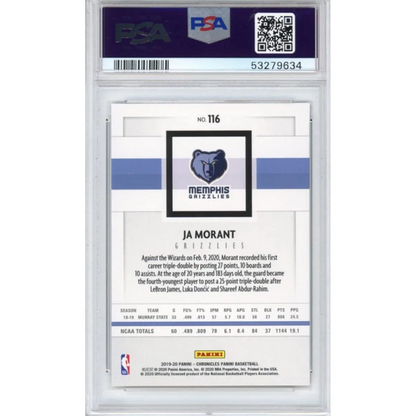 Graded Ja Morant 2019 Panini Chronicles Rookie Card in PSA case