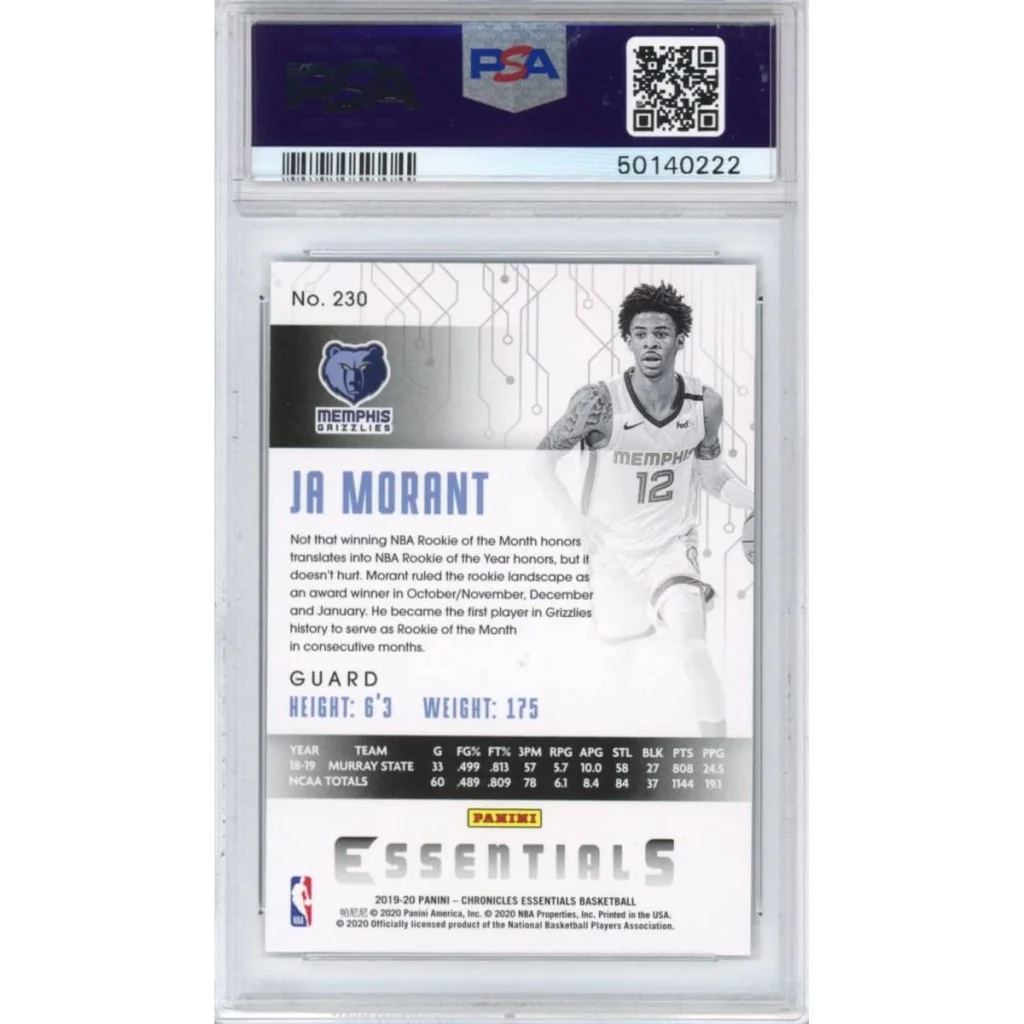 A graded PSA 10 Ja Morant 2019 Panini Chronicles Rookie Card Gem Mint on display