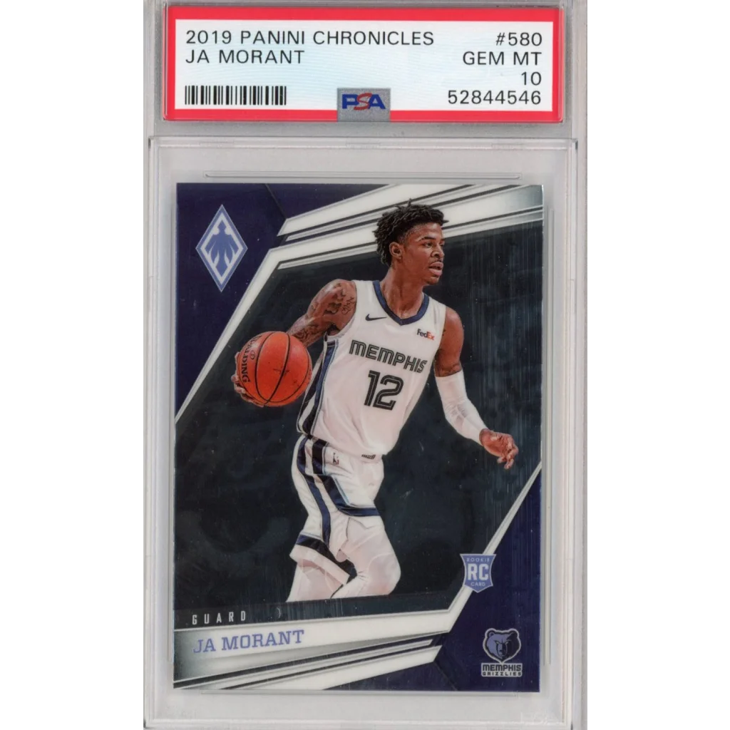 A graded 2019 Panini Chronicles Ja Morant rookie basketball card in gem mint condition with PSA 10