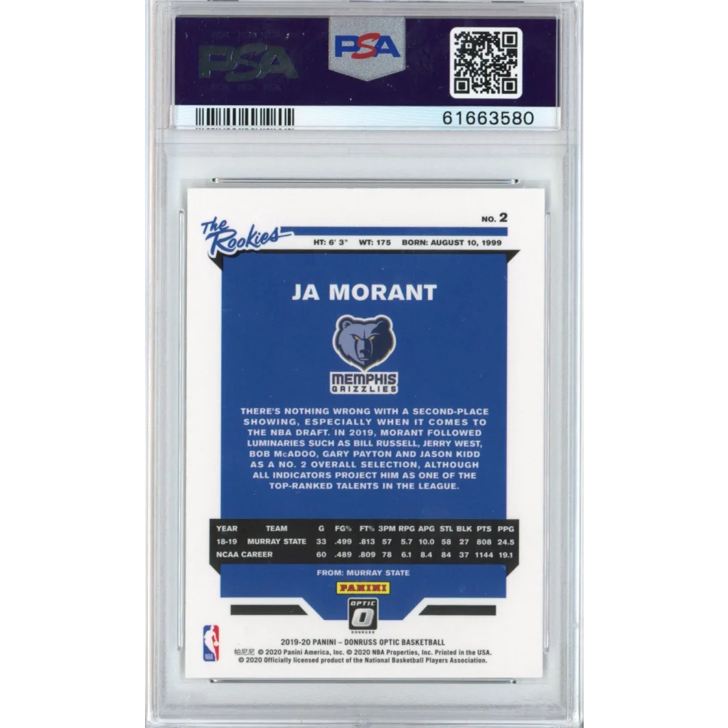 Graded PSA 10 2019-20 Panini Optic Ja Morant #2 Rookie Card