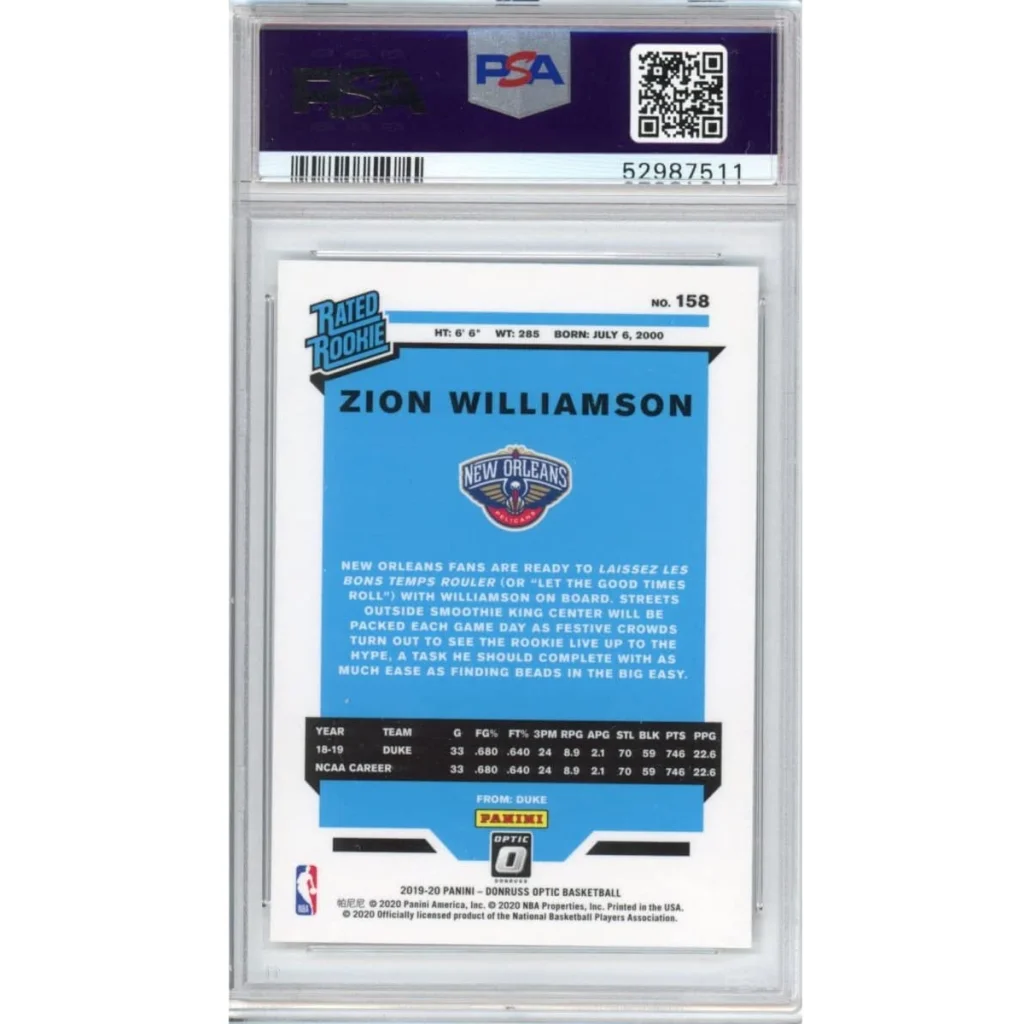 PSA graded Zion Williamson 2019 Panini Donruss Optic Rookie Card basketball card