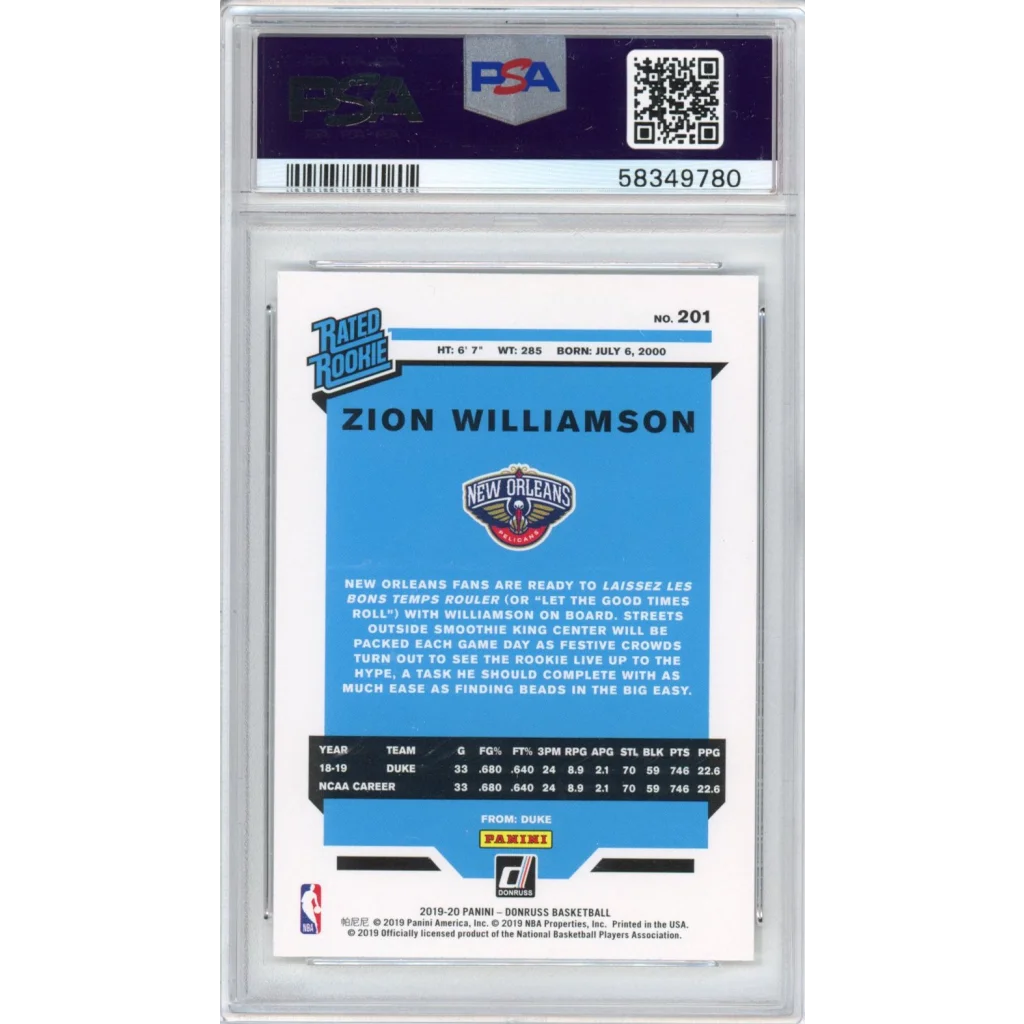 Graded 2019-20 Panini Donruss Zion Williamson #201 Rookie RC Basketball Card PSA 10 Gem Mint | PSA 10 Gem Mint Graded Rookie Card | vintageantiquesgifts.com
