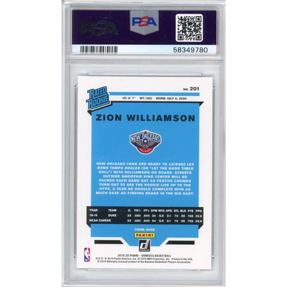 Graded 2019-20 Panini Donruss Zion Williamson #201 Rookie RC Basketball Card PSA 10 Gem Mint | PSA 10 Gem Mint Graded Rookie Card | vintageantiquesgifts.com
