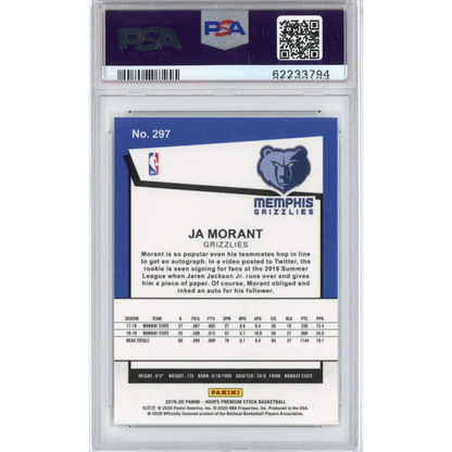 Graded 2019-20 Panini Hoops Premium Stock Ja Morant #297 Rookie RC Basketball Card PSA 10 Gem Mint | PSA 10 Gem Mint Graded Rookie Card | vintageantiquesgifts.com