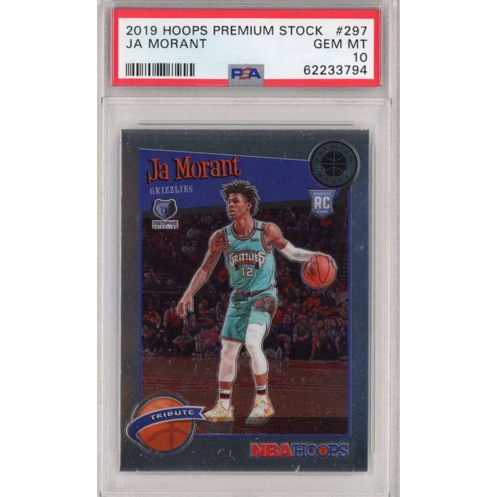 A graded Gem Mint 10 Ja Morant 2019 Panini Hoops Rookie Card in PSA 10 case