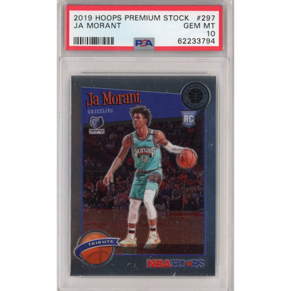 A graded Gem Mint 10 Ja Morant 2019 Panini Hoops Rookie Card in PSA 10 case