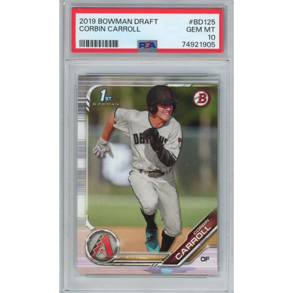 PSA graded Corbin Carroll rookie baseball card showing vibrant colors and clear grading