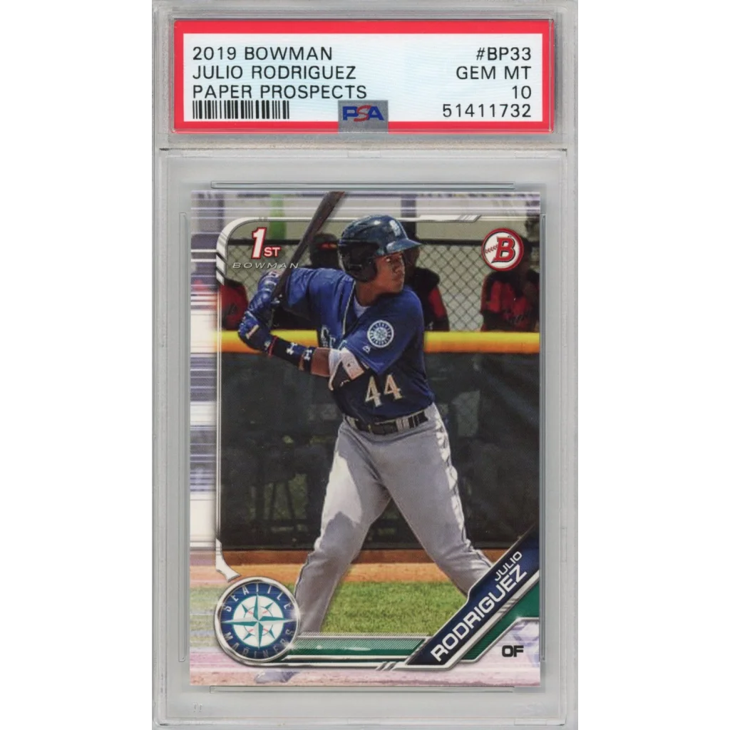 Graded 2019 Bowman Julio Rodriguez #BP33 Paper Prospects Rookie RC Baseball Card PSA 10 Gem Mint | Hall of Fame Sports Memorabilia | vintageantiquesgifts.com
