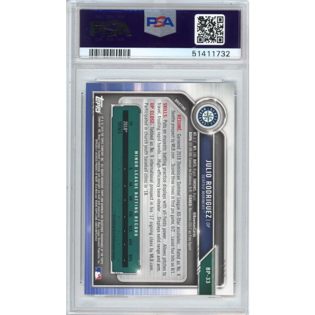 Graded 2019 Bowman Julio Rodriguez #BP33 Paper Prospects Rookie RC Baseball Card PSA 10 Gem Mint | PSA 10 Gem Mint Graded Rookie Card | vintageantiquesgifts.com