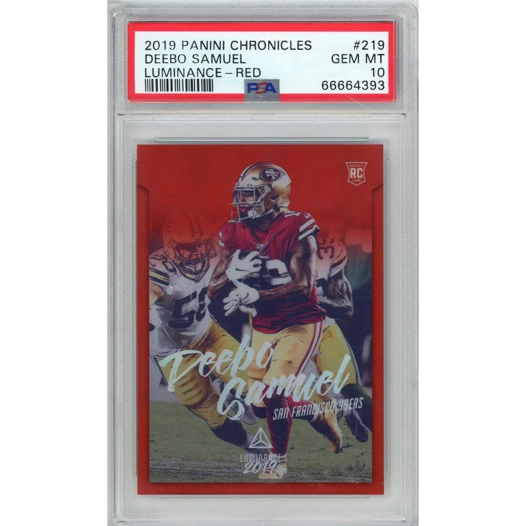 Graded 2019 Panini Chronicles Deebo Samuel #219 Luminance-Red #/99 Rookie RC Football Card PSA 10 Gem Mint | Hall of Fame Sports Memorabilia | vintageantiquesgifts.com