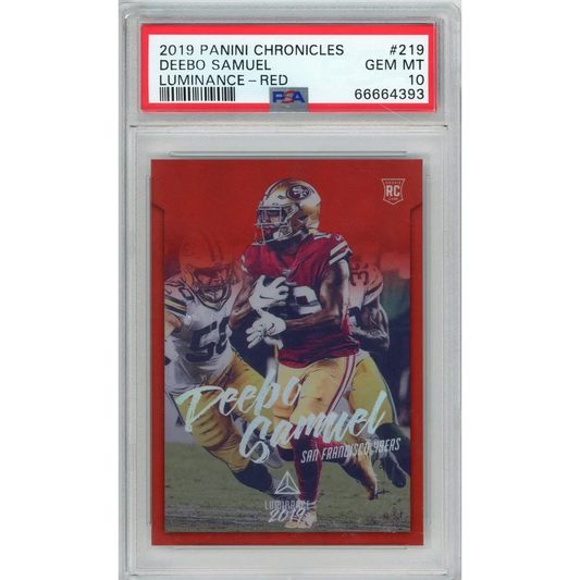 Graded 2019 Panini Chronicles Deebo Samuel #219 Luminance-Red #/99 Rookie RC Football Card PSA 10 Gem Mint | Hall of Fame Sports Memorabilia | vintageantiquesgifts.com