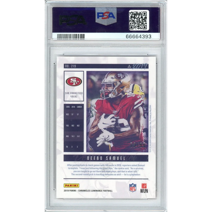 Graded 2019 Panini Chronicles Deebo Samuel #219 Luminance-Red #/99 Rookie RC Football Card PSA 10 Gem Mint | PSA 10 Gem Mint Graded Rookie Card | vintageantiquesgifts.com