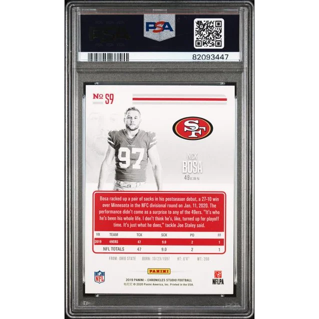 Graded 2019 Panini Chronicles Nick Bosa #S9 Studio Red Rookie RC Football Card PSA 10 Gem Mint | PSA 10 Gem Mint Graded Rookie Card | vintageantiquesgifts.com