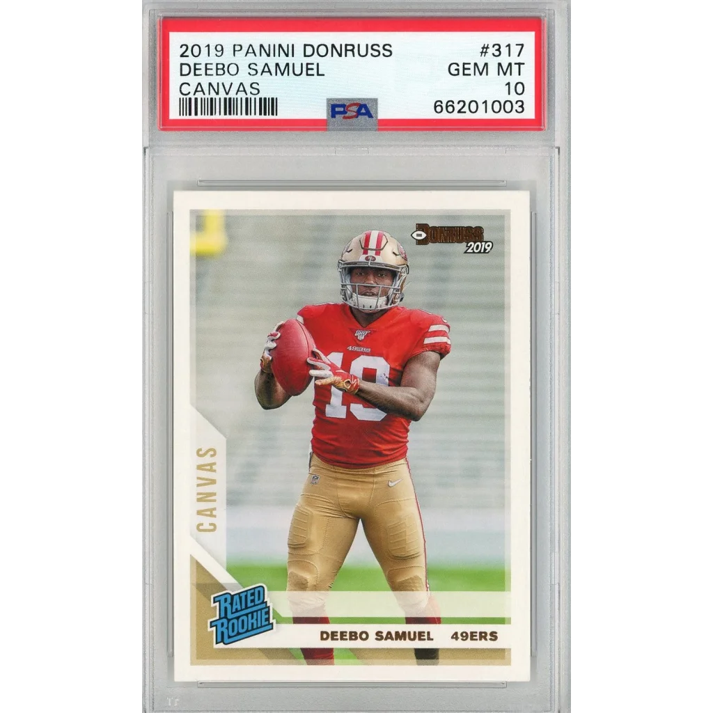 PSA Graded 2019 Donruss Deebo Samuel Canvas Rookie Card football card on display