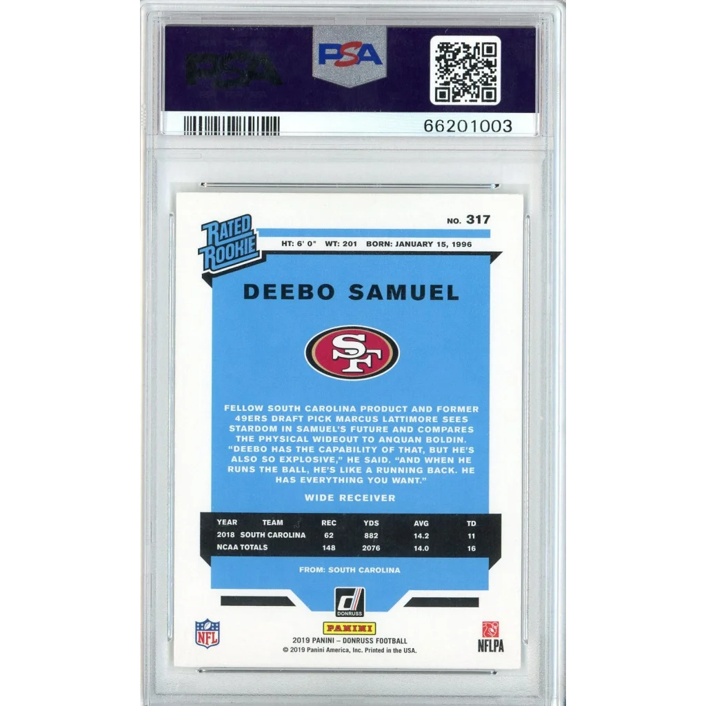 Graded 2019 Donruss Deebo Samuel football rookie card in PSA Canvas case