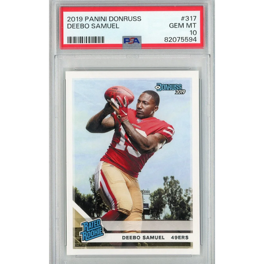 PSA graded Deebo Samuel 2019 Panini Donruss rookie football card on display