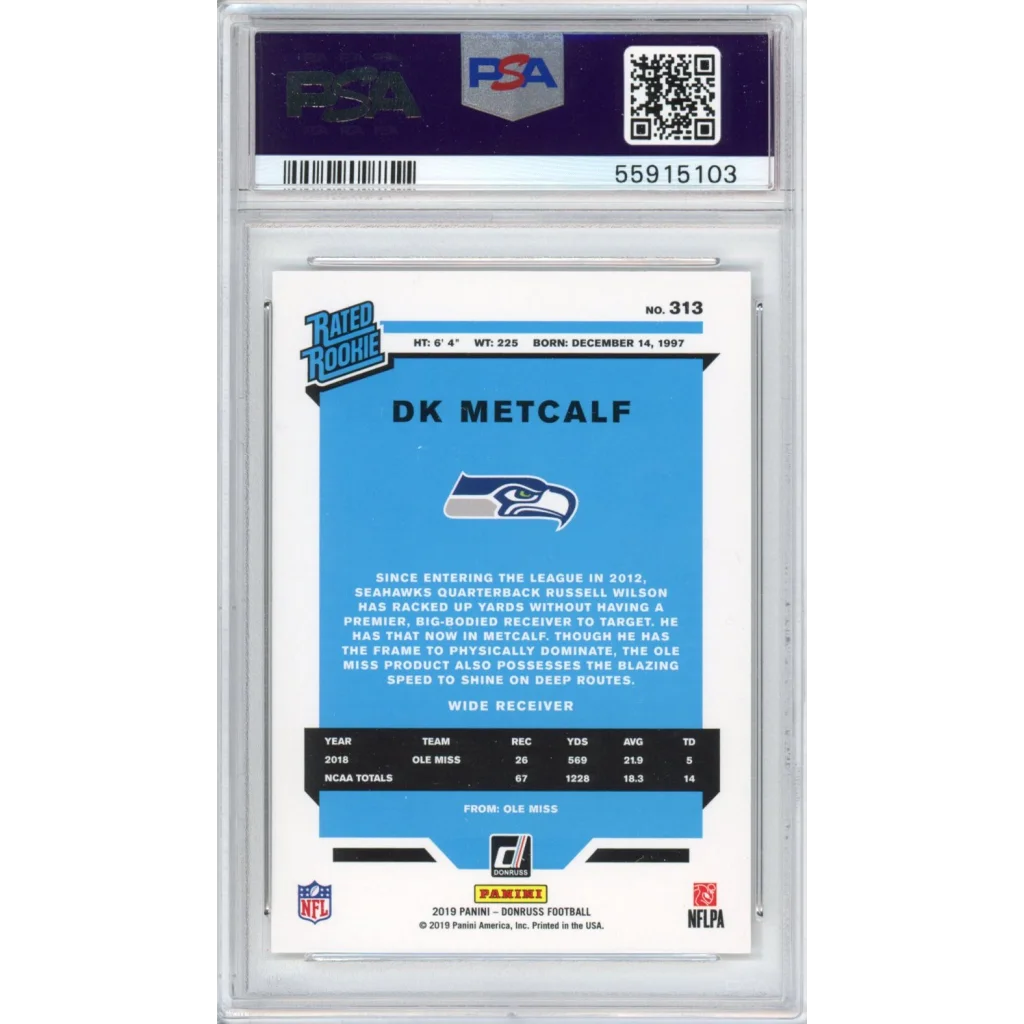 Graded 2019 Panini Donruss DK D.K. Metcalf #313 Rookie RC Football Card PSA 10 Gem Mint | PSA 10 Gem Mint Graded Rookie Card | vintageantiquesgifts.com