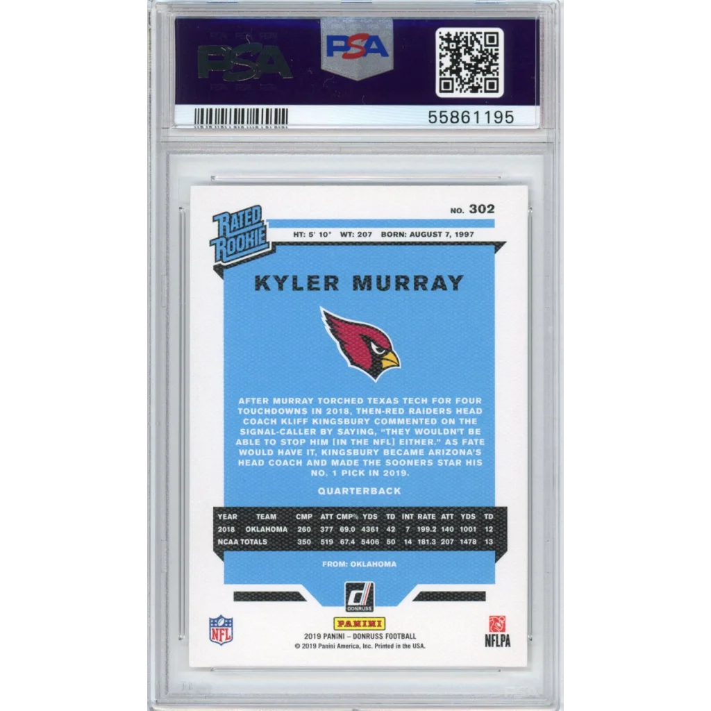 Graded 2019 Panini Donruss Kyler Murray #302 Canvas Rookie RC Football Card PSA 10 Gem Mint | PSA 10 Gem Mint Graded Rookie Card | vintageantiquesgifts.com