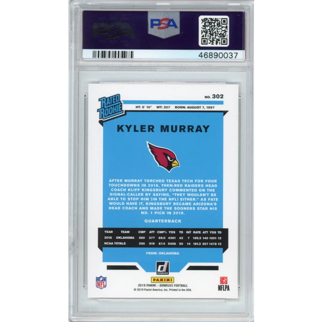 Graded 2019 Panini Donruss Kyler Murray #302 Rookie RC Football Card PSA 10 Gem Mint | PSA 10 Gem Mint Graded Rookie Card | vintageantiquesgifts.com