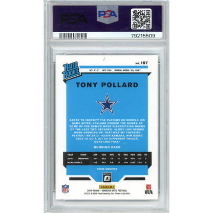 A graded Tony Pollard 2019 Panini Donruss Optic Rookie Card in PSA holder