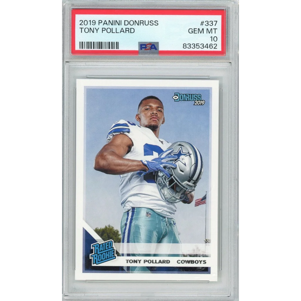 A graded 2019 Panini Donruss Tony Pollard rookie card in PSA case