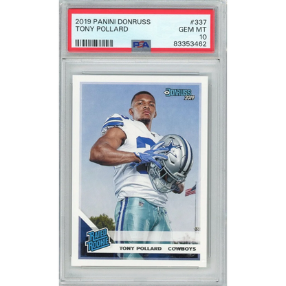 A graded 2019 Panini Donruss Tony Pollard rookie card in PSA case
