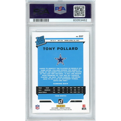 Graded 2019 Panini Donruss Tony Pollard #337 Rookie RC PSA 10 Gem Mint Card