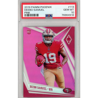 A graded 2019 PANINI Phoenix Deebo Samuel Pink Rookie Card in PSA case