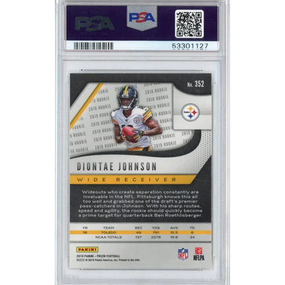 A graded 2019 Panini Prizm Diontae Johnson rookie football card in PSA holder