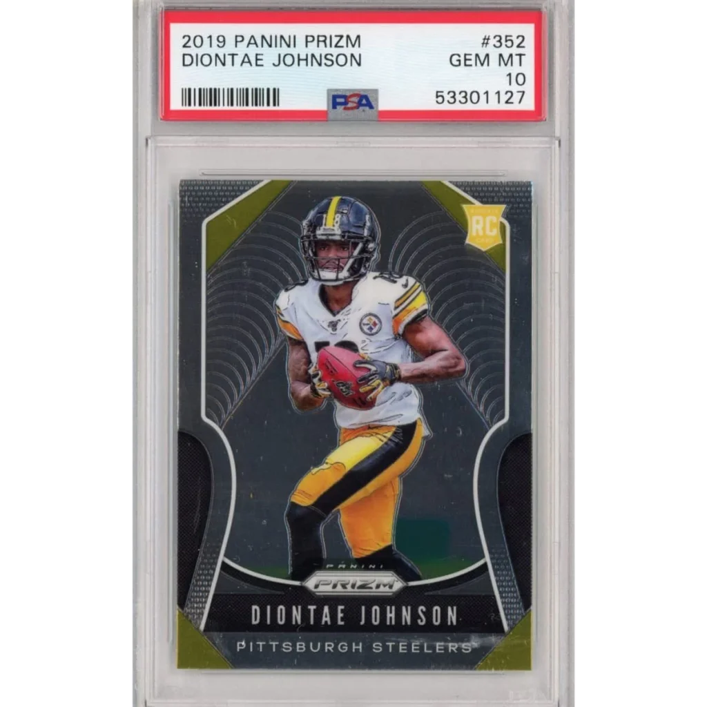 A graded 2019 Panini Prizm Diontae Johnson rookie card in PSA holder