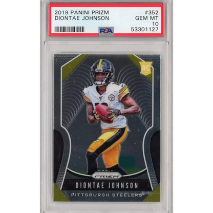 A graded 2019 Panini Prizm Diontae Johnson rookie card in PSA holder