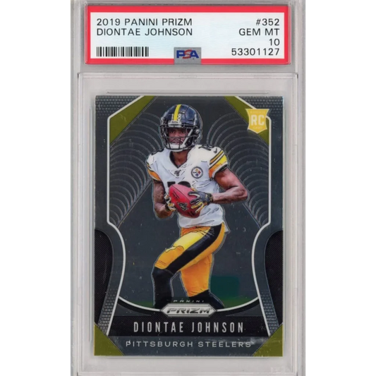 A graded 2019 Panini Prizm Diontae Johnson rookie card in PSA holder
