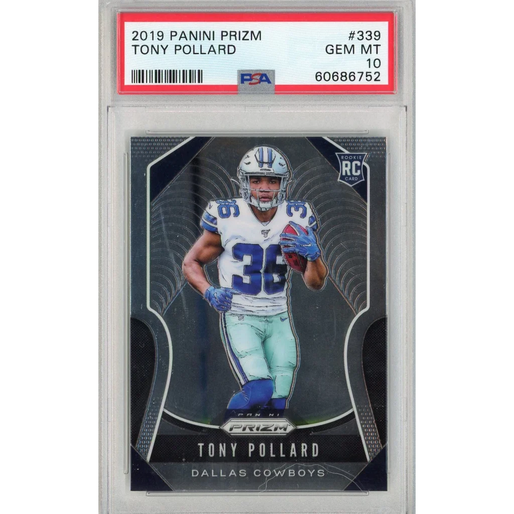 A graded 2019 Panini Prizm Tony Pollard rookie card in PSA Treasure display