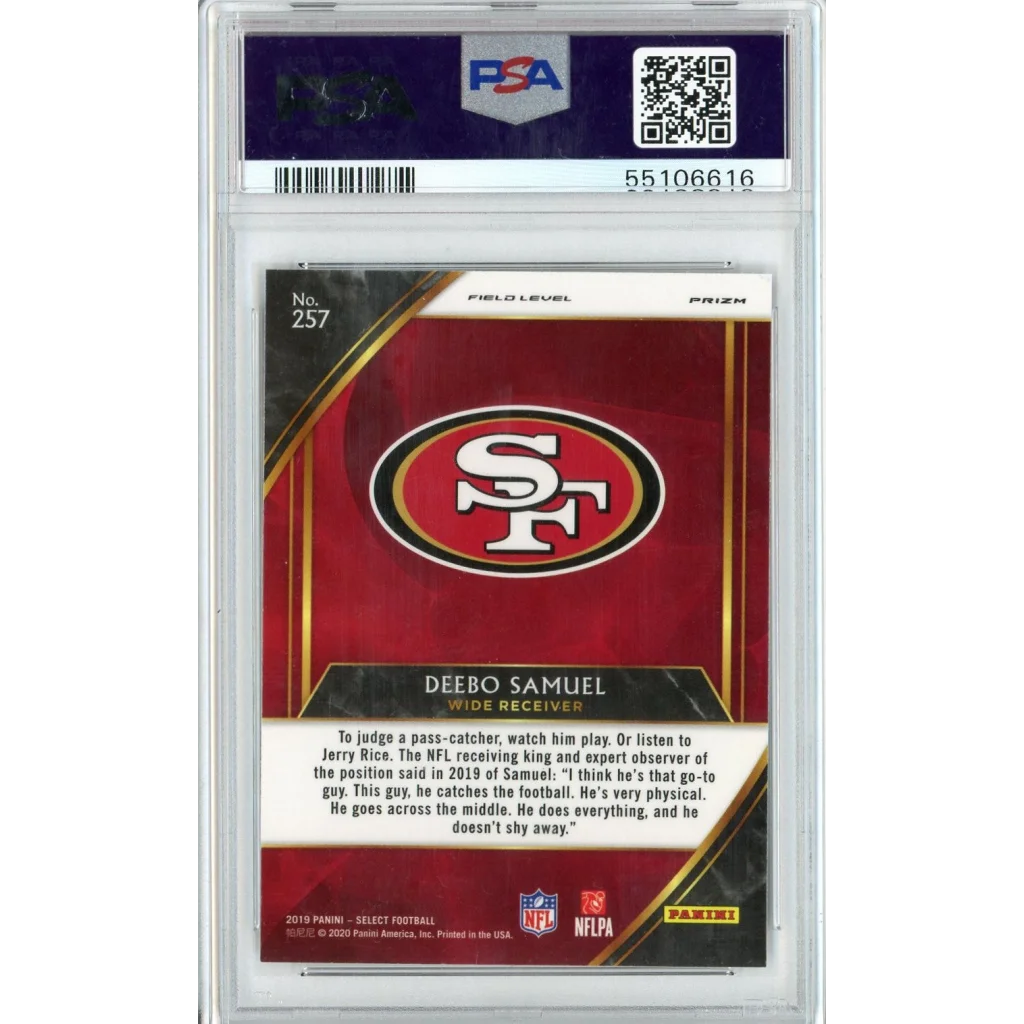 Graded Deebo Samuel football card PSA 10 Panini Select Silver Prizm Rookie card