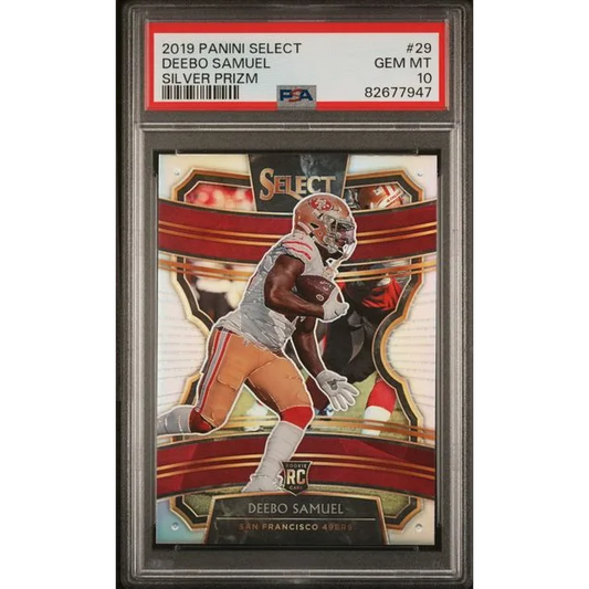 Graded 2019 Panini Select Deebo Samuel Silver Prizm football card in product display