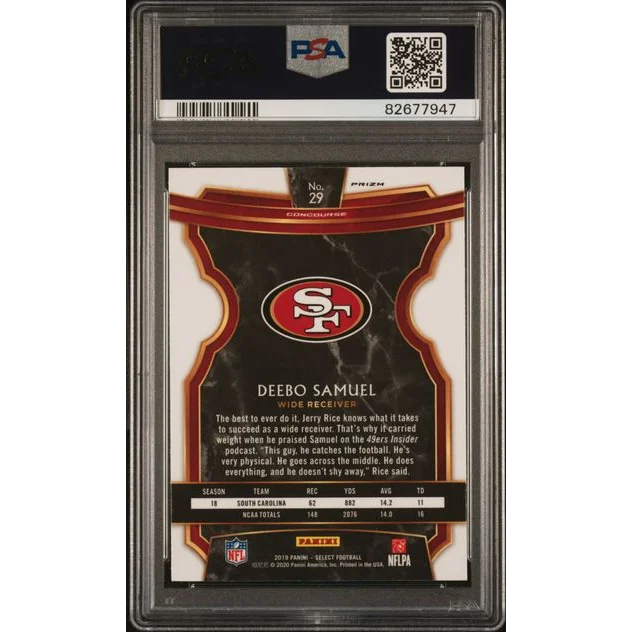 Graded 2019 Panini Select Deebo Samuel #29 Silver Prizm Rookie RC Football Card PSA 10 Gem Mint | PSA 10 Gem Mint Graded Rookie Card | vintageantiquesgifts.com